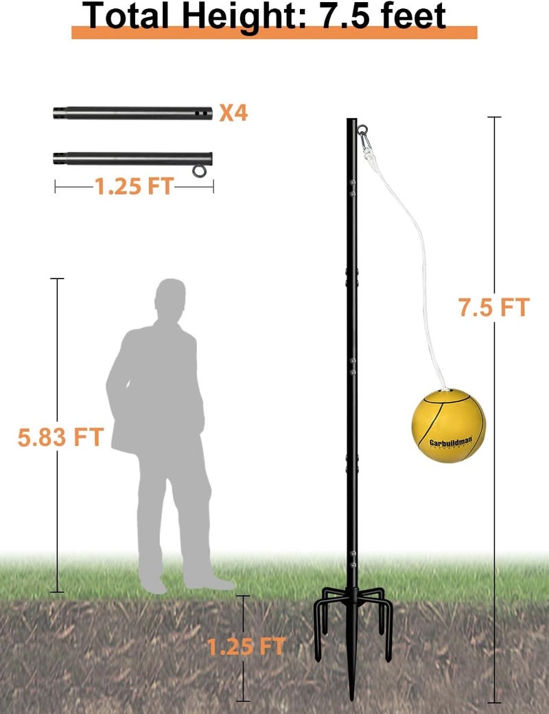 Garbuildman Tetherball Set with Ball & Rope for Outdoor Backyard, Adjustable Tether Ball Pole with Screw Reinforcement 5-Prong Base for Playground, Outside Ball Games Sports for Kids & Adults - Image 3